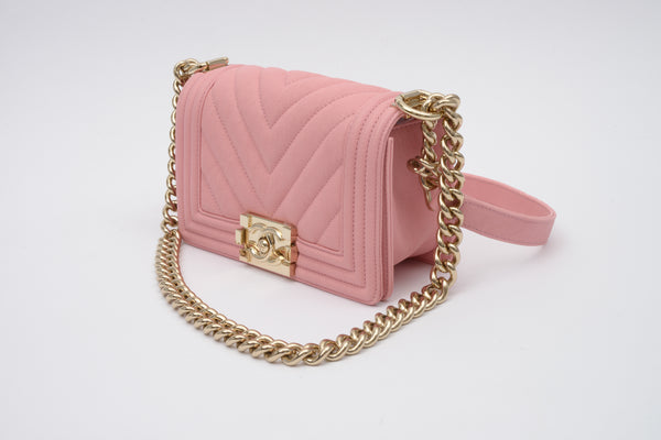Chanel Pink & Multicolor Tweed Chevron Pearl Boy Bag Small Q6BFOF28PH000