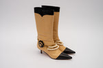 Chanel Beige/ Black W Envy Quilted Leather Logo Charm Chains Camellia Flower Boots/Booties