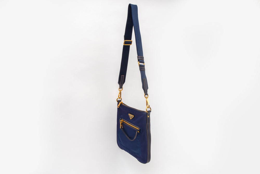 Prada Navy Blue Tessuto and Saffiano Leather Crossbody Bag