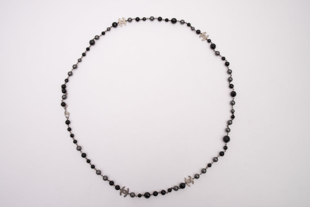 Chanel Ruthenium Tone Black Beaded CC Long Necklace Chanel