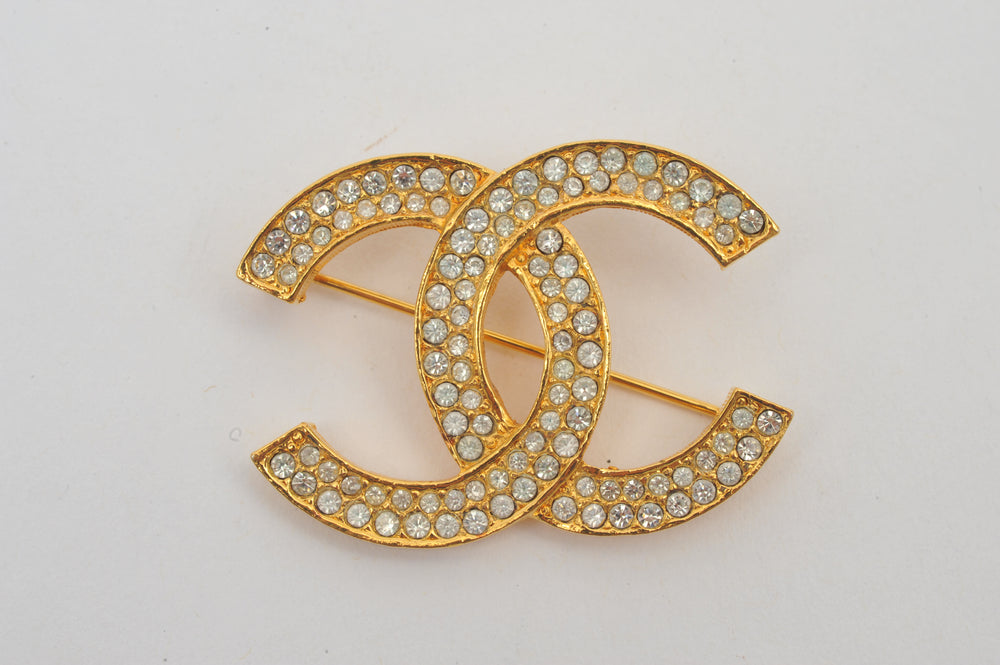 Chanel 18K Gold Plated Metal & Rhinestone CC Brooch, Chanel