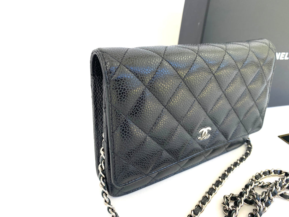 Chanel Black Caviar Timeless CC Wallet On Chain Silver Hardware